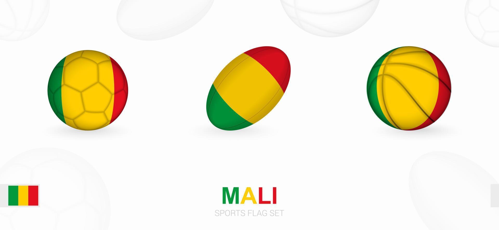 Deportes íconos para fútbol, rugby y baloncesto con el bandera de malí vector