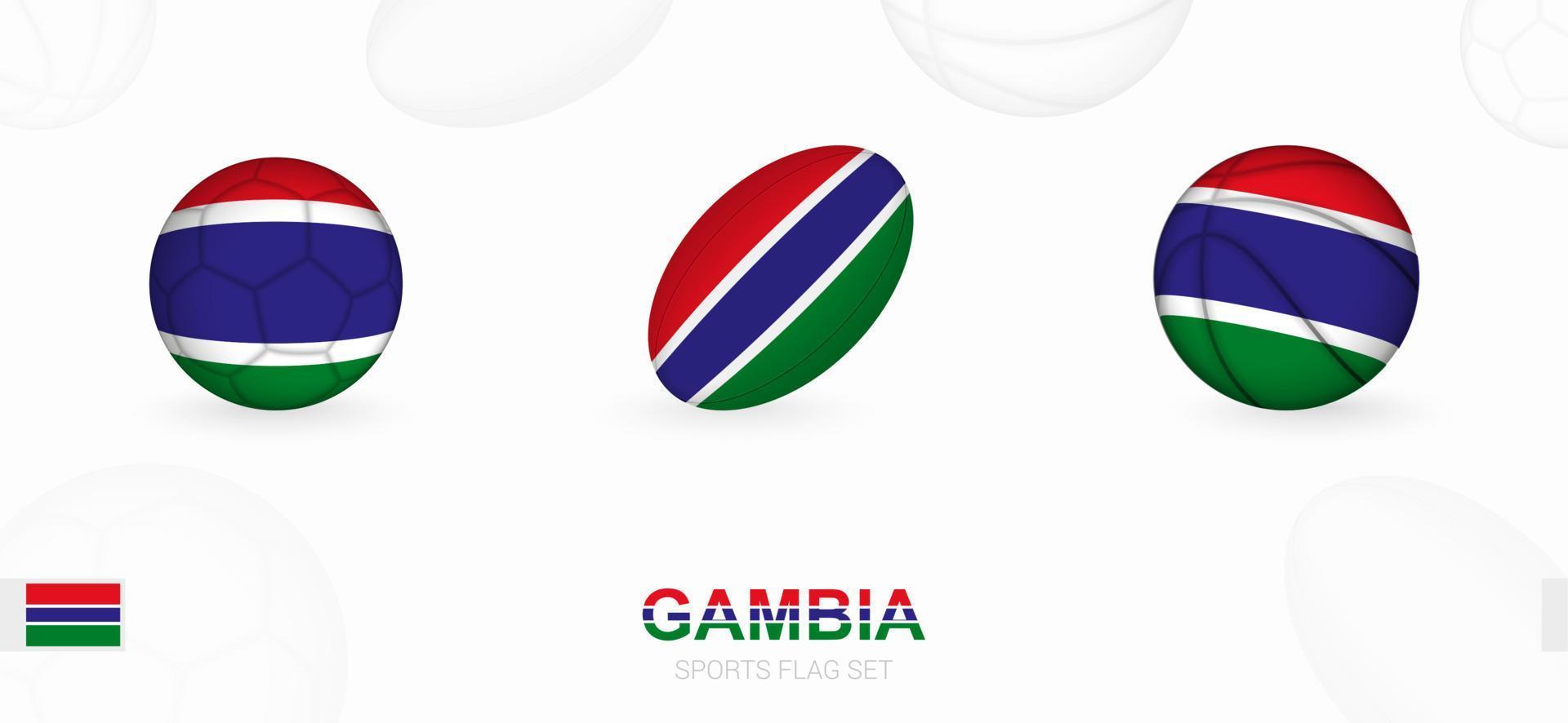 Deportes íconos para fútbol, rugby y baloncesto con el bandera de Gambia. vector