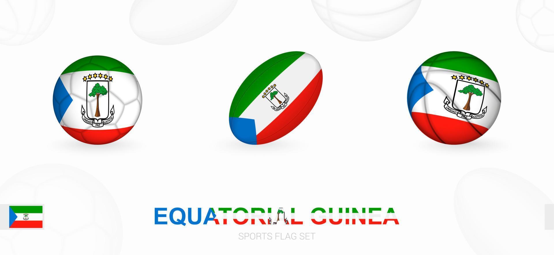 Deportes íconos para fútbol, rugby y baloncesto con el bandera de ecuatorial Guinea. vector