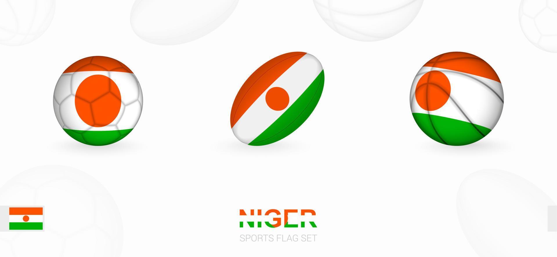 Sports icons for football, rugby and basketball with the flag of Niger. vector