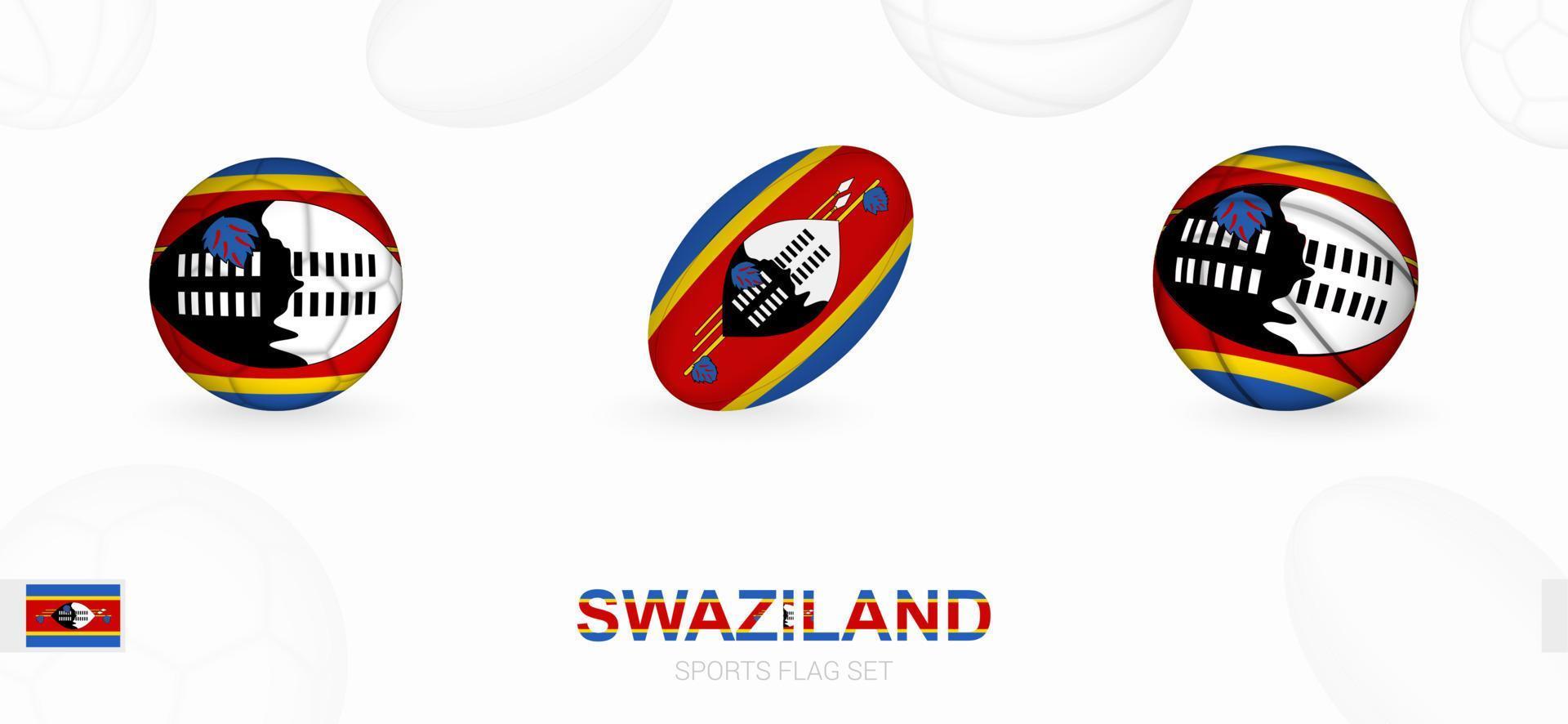 Deportes íconos para fútbol, rugby y baloncesto con el bandera de swazilandia vector