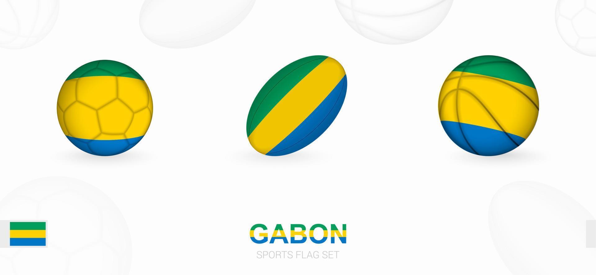 Deportes íconos para fútbol, rugby y baloncesto con el bandera de Gabón. vector