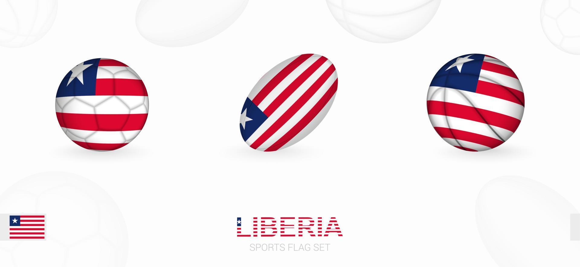 Deportes íconos para fútbol, rugby y baloncesto con el bandera de Liberia. vector