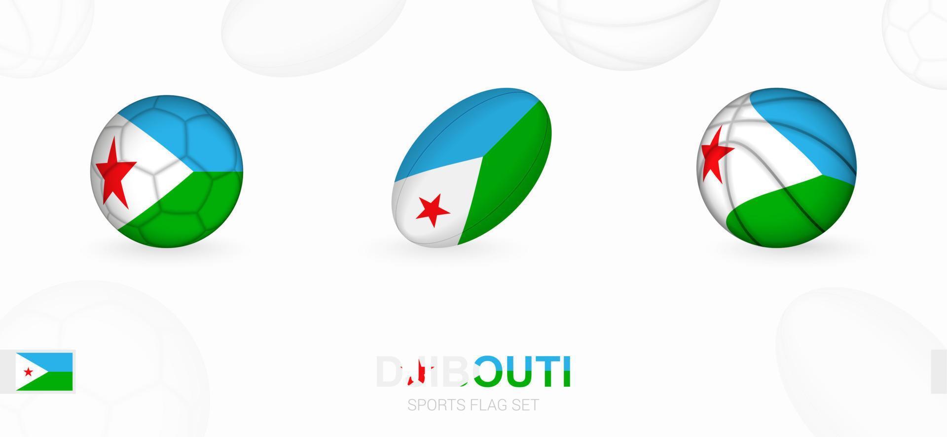 Deportes íconos para fútbol, rugby y baloncesto con el bandera de Yibuti. vector