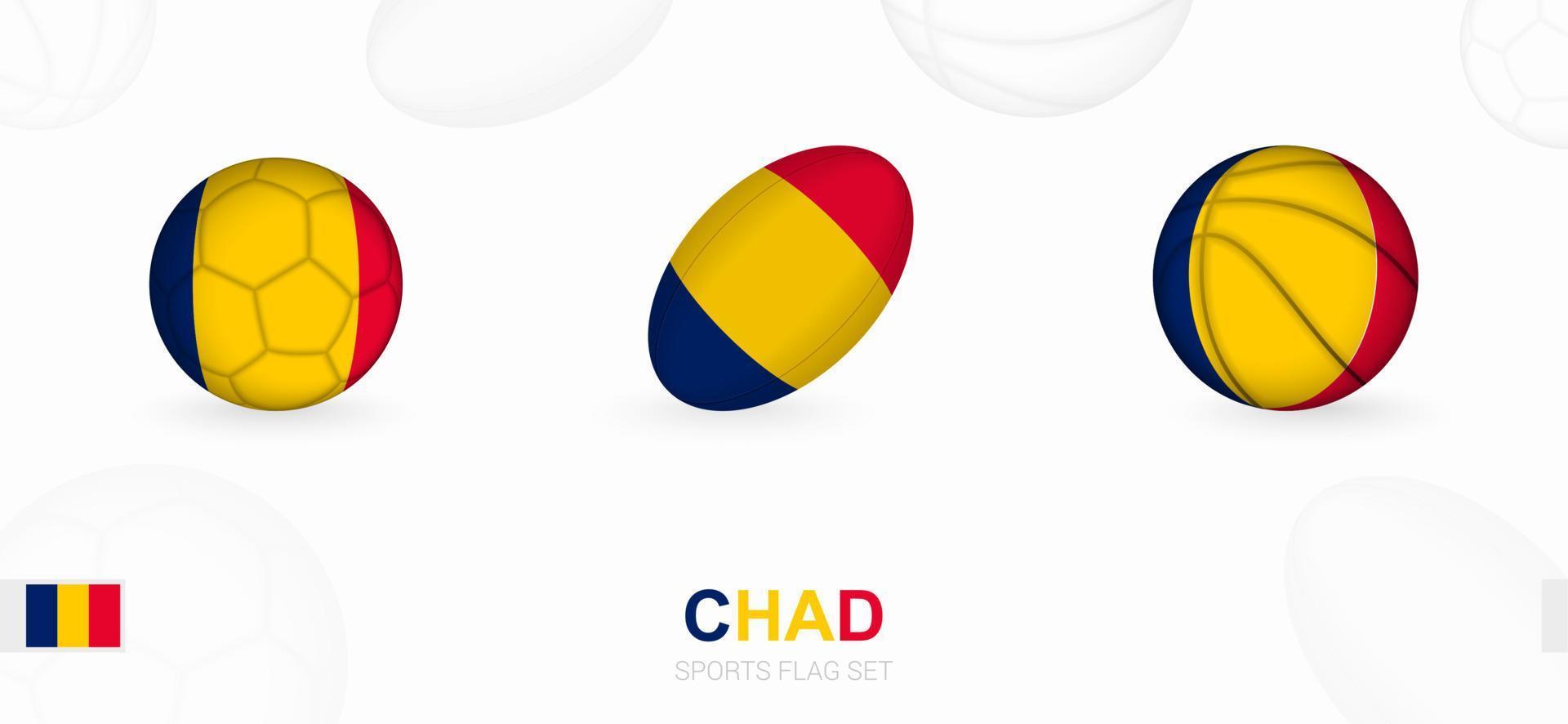 Deportes íconos para fútbol, rugby y baloncesto con el bandera de Chad. vector