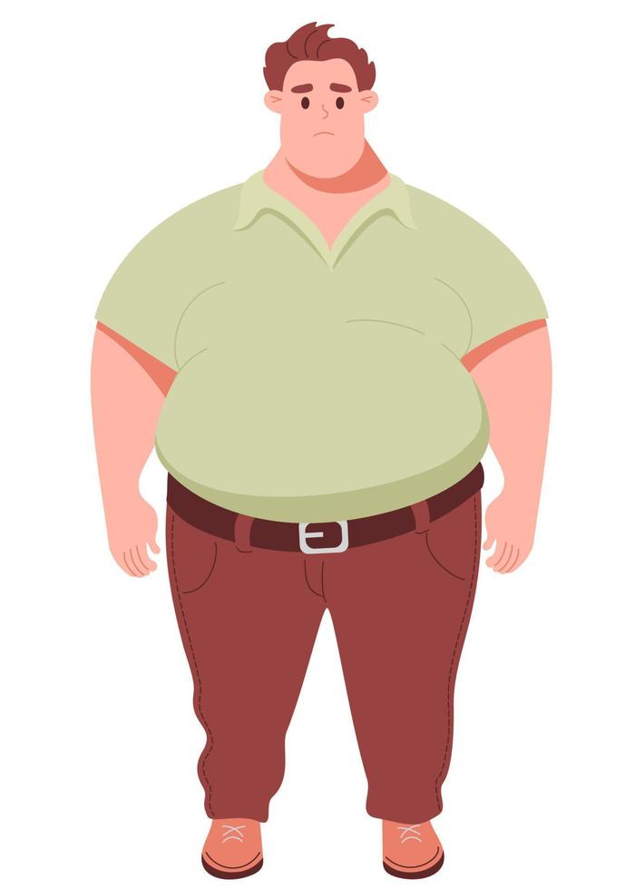 triste grasa linda hombre. vector ilustración en dibujos animados plano estilo. concepto estilo de vida, enfermedad y exceso de peso.