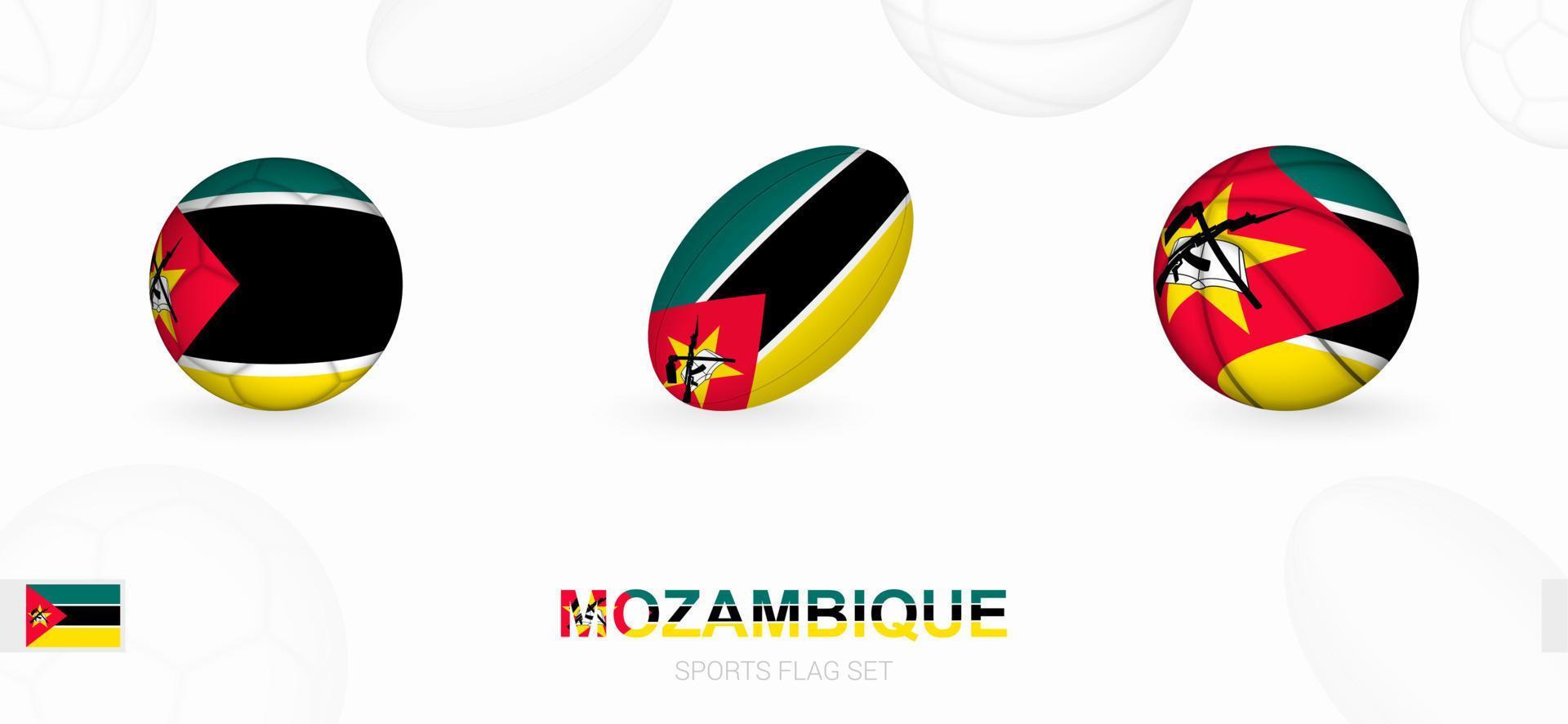 Sports icons for football, rugby and basketball with the flag of Mozambique. vector
