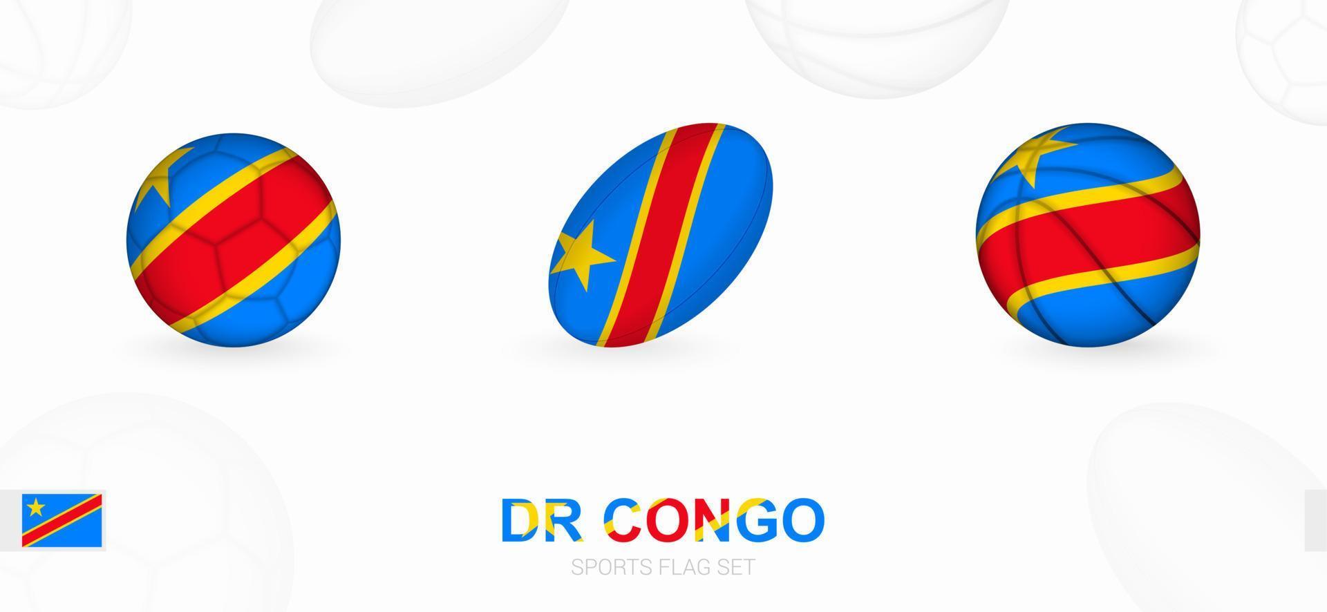 Deportes íconos para fútbol, rugby y baloncesto con el bandera de Dr congo vector