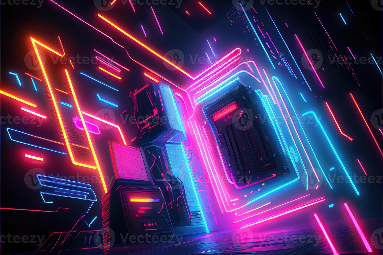 Generative AI illustration of gaming background, abstract cyberpunk style  of gamer wallpaper, neon glow light of scifi fluorescent sticks. Digitally  generated image 22702292 Stock Photo at Vecteezy
