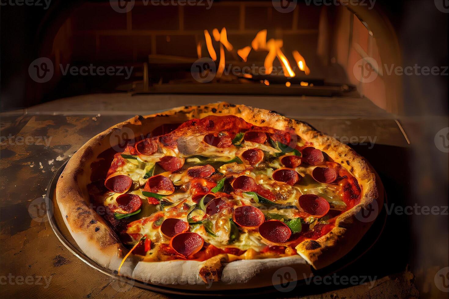 illustration of Italian pizza is cooked in a wood-fired oven. photo