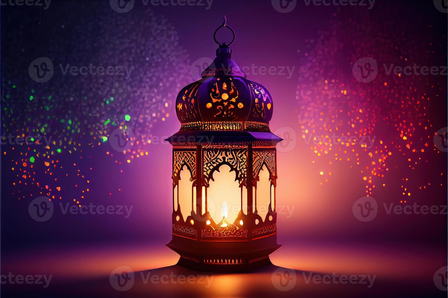 illustration of Muslim Holy Month Ramadan Kareem Arabic Lantern with bokeh, Neon light and lantern displayed on stages with glowing light in the evening. Wallpaper and banner background. photo