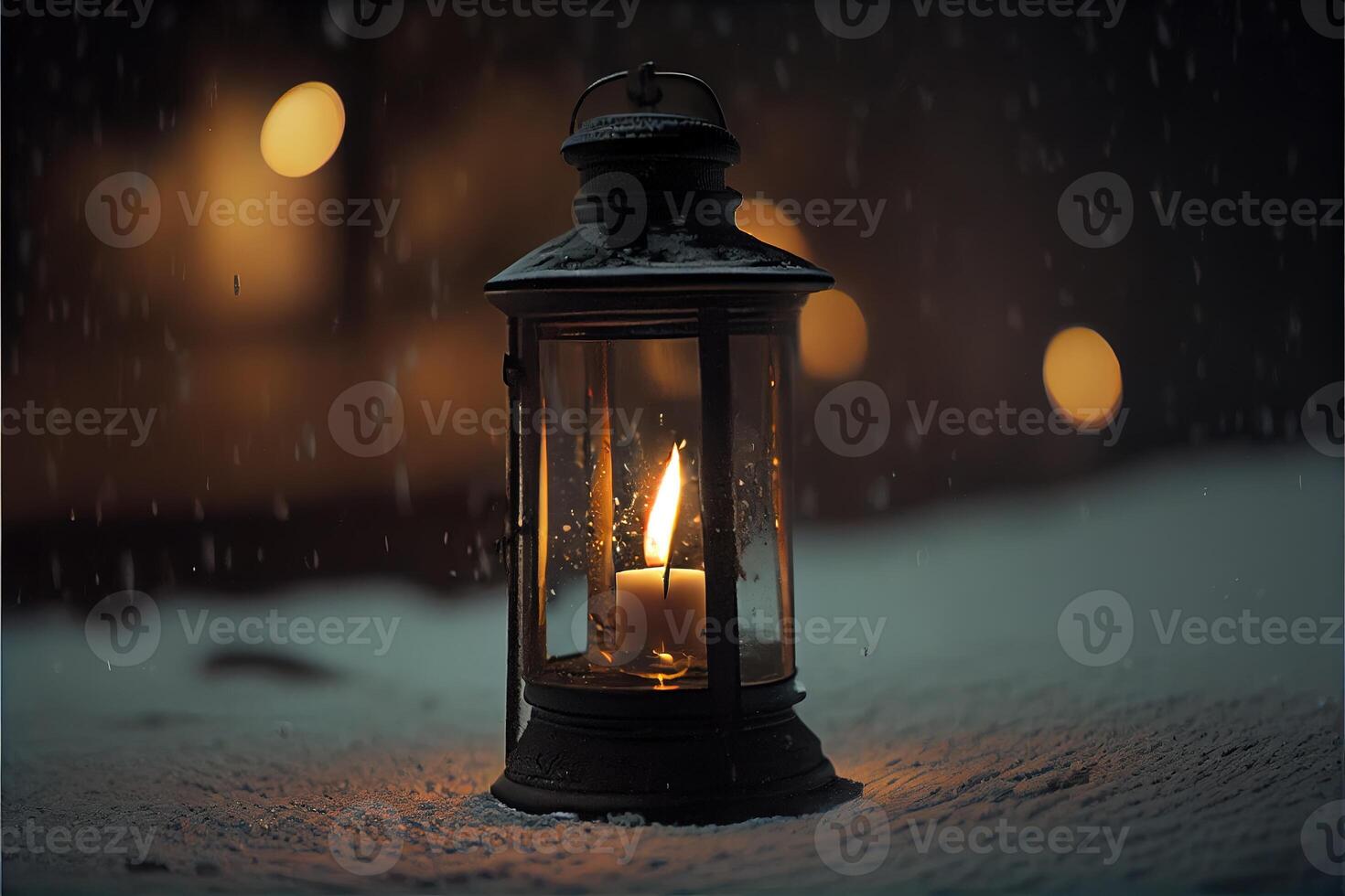 illustration of lantern with candles on a beautiful blue background with gold dust, stars and snow. Beautiful Christmas or New Year background. Neural network generated art. photo