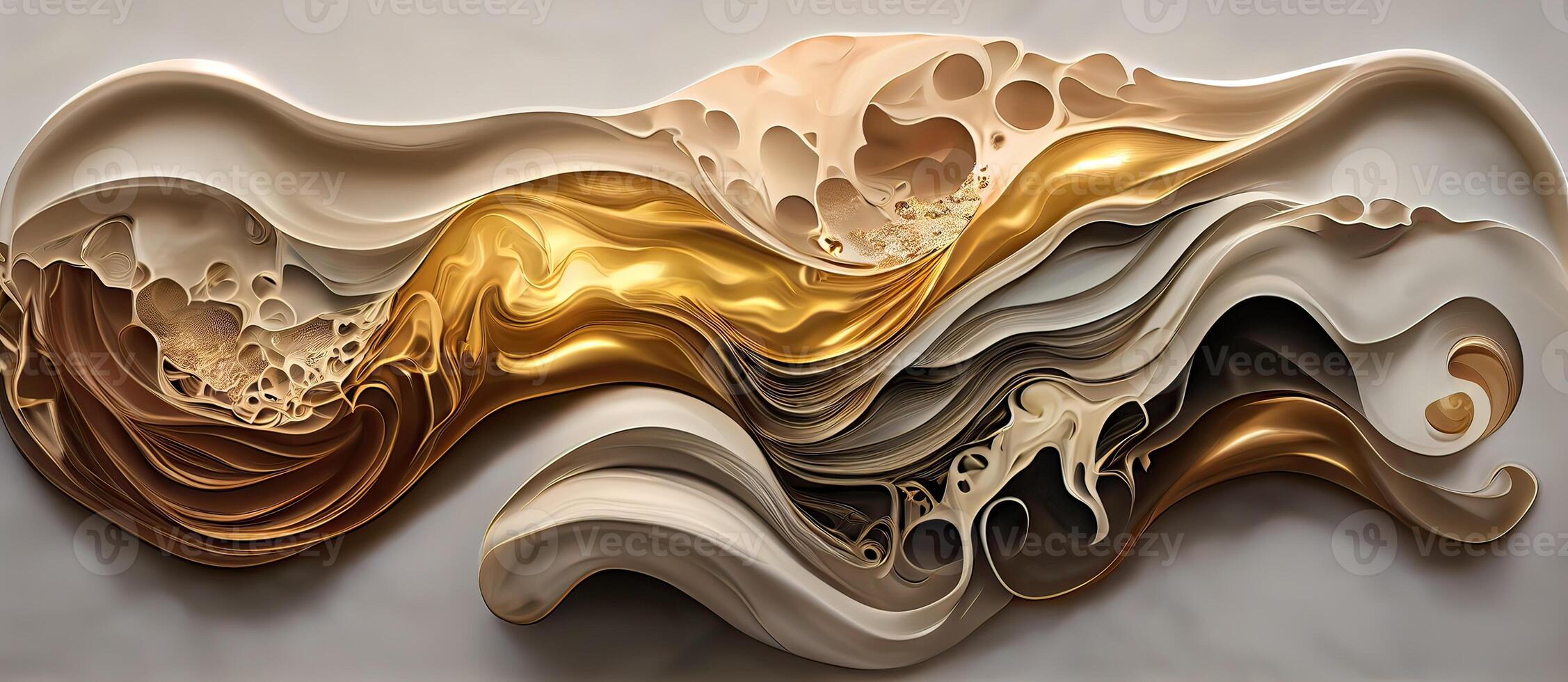 illustration of abstract fluid composing waves of varying sizes and colors is divided into layers, taupe, ivory, white, beige, and soft gold colors, gold glitter photo