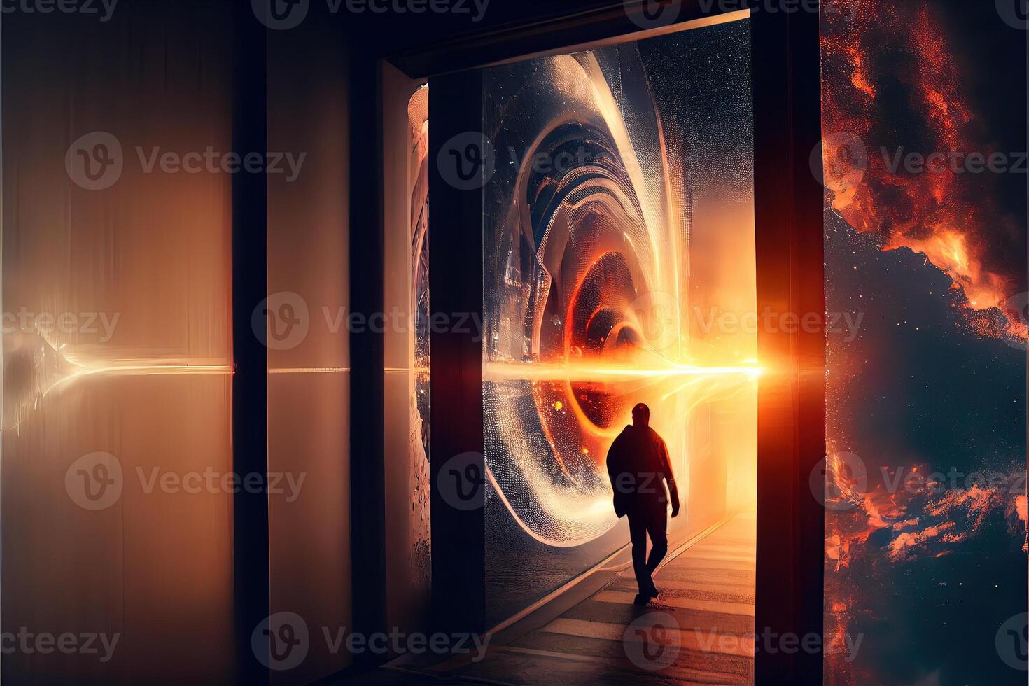 illustration of traveling through the door of the future with the speed of light photo