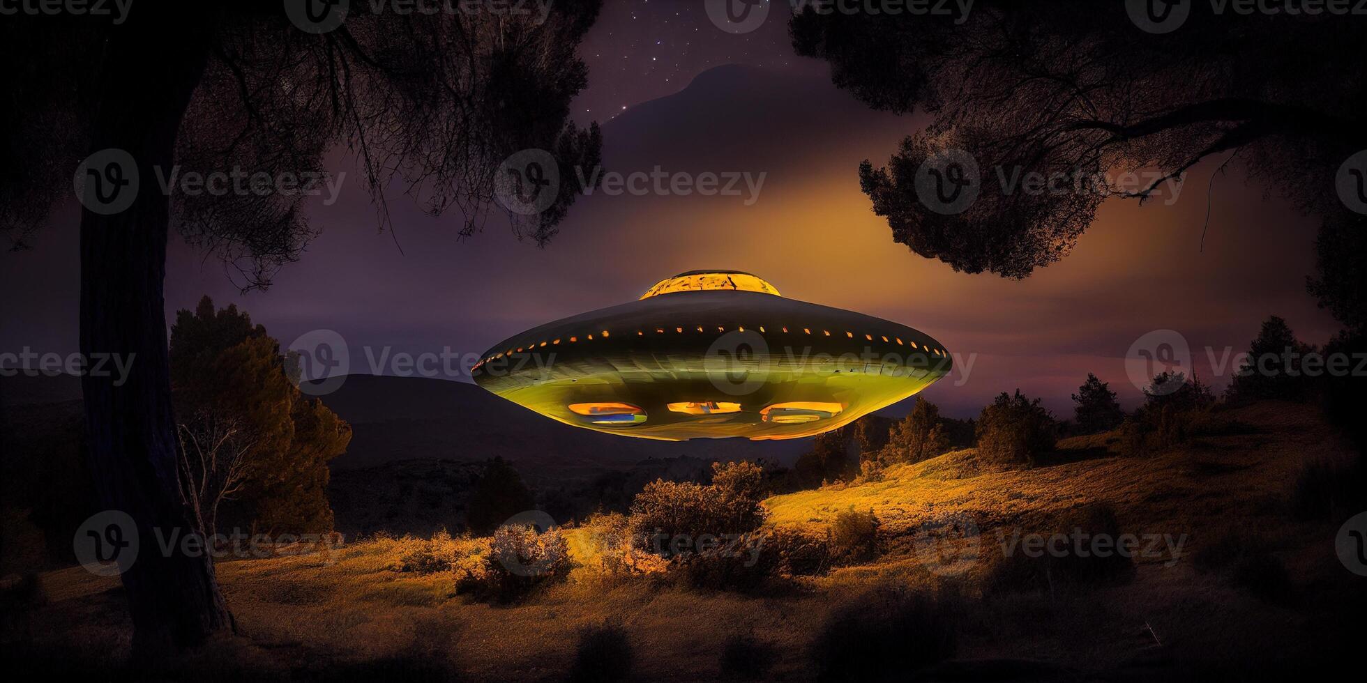 illustration of a stationary UFO hovering in the hills, with a mysterious and eerie atmosphere photo