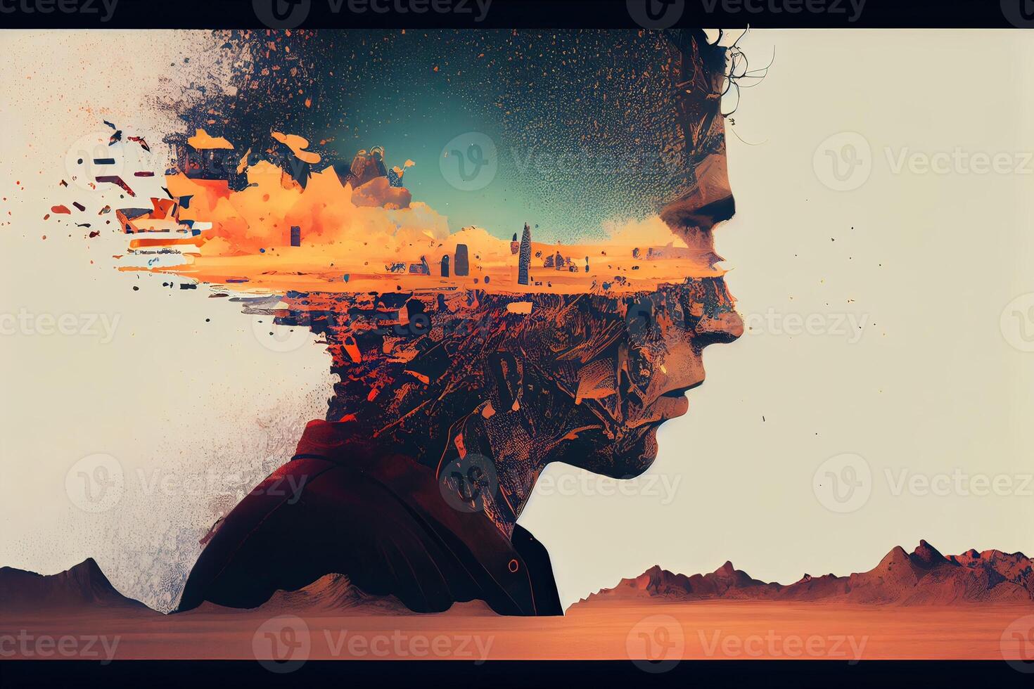 illustration of a mind in flux, a surreal digital artwork of a person's face fragmented into disparate states, state in mind, sad, negative, worry photo