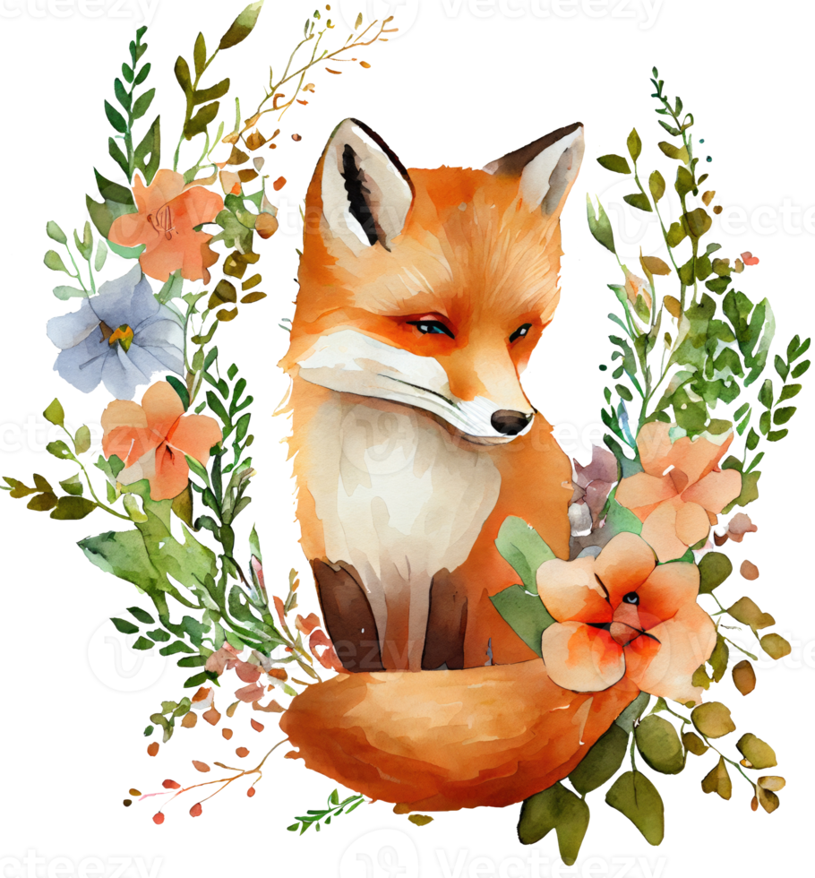 söt räv med blommor vattenfärg illustration png