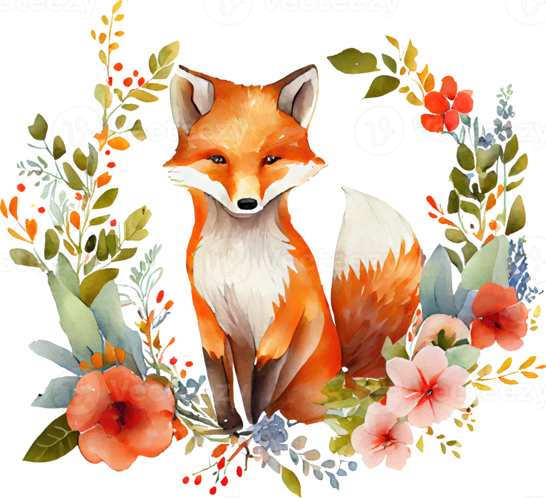 söt räv med blommor vattenfärg illustration png