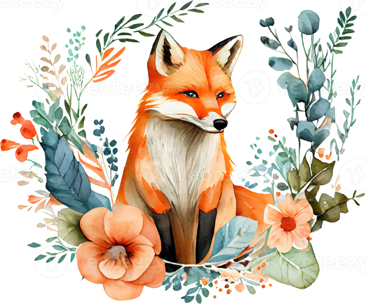 süß Fuchs mit Blumen Aquarell Illustration png