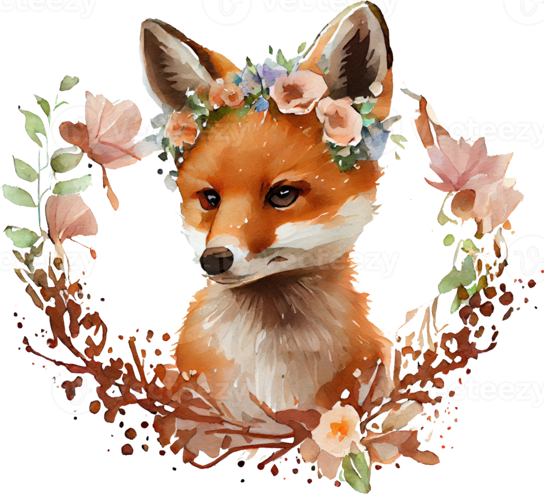 Cute Fox With Flowers Watercolor Illustration png