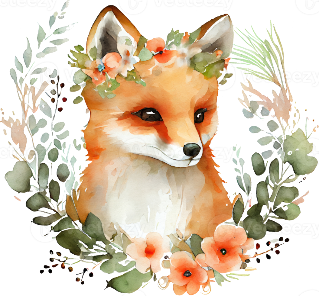 söt räv med blommor vattenfärg illustration png