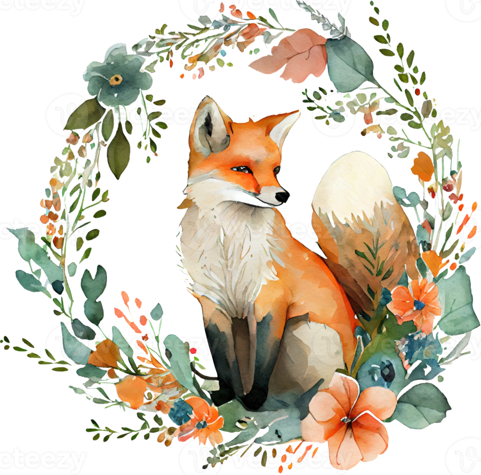 söt räv med blommor vattenfärg illustration png