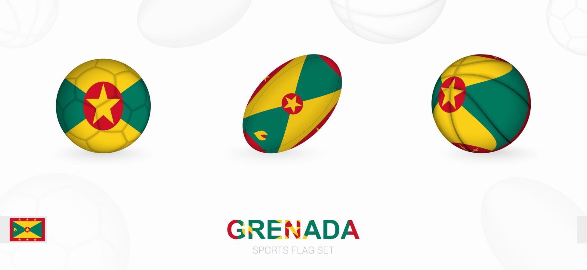 Deportes íconos para fútbol, rugby y baloncesto con el bandera de Granada. vector