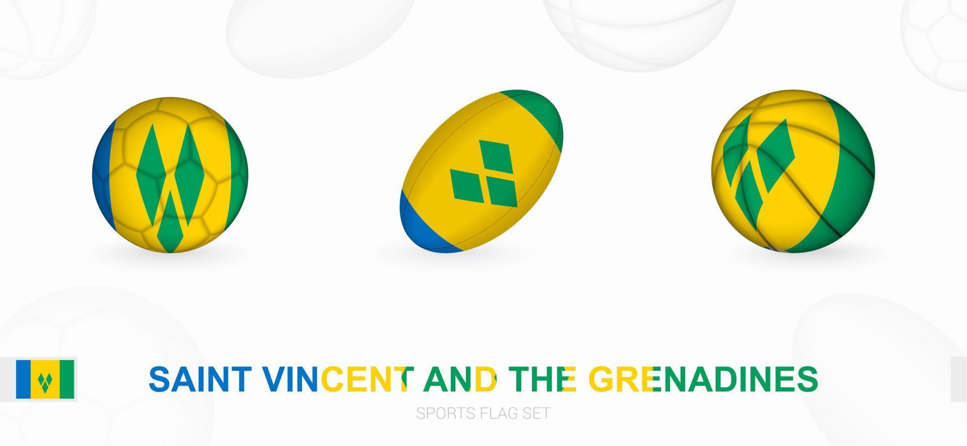 Deportes íconos para fútbol, rugby y baloncesto con el bandera de Santo Vincent y el granadinas vector