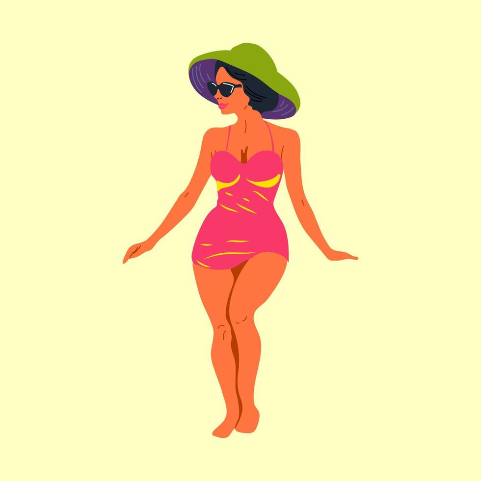 Beautiful young woman in hat. Girl in swimsuit is sunbathing under summer sun. Flat vector illustration isolated background