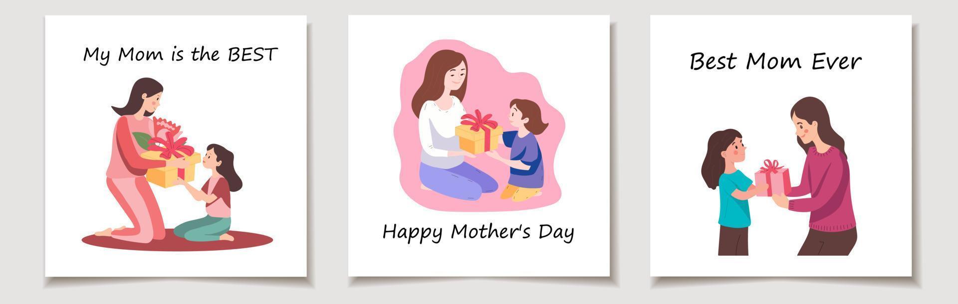 Set of three cards with Mother's Day. Childs give his mother gift. Vector cartoon illustration for or birthday.