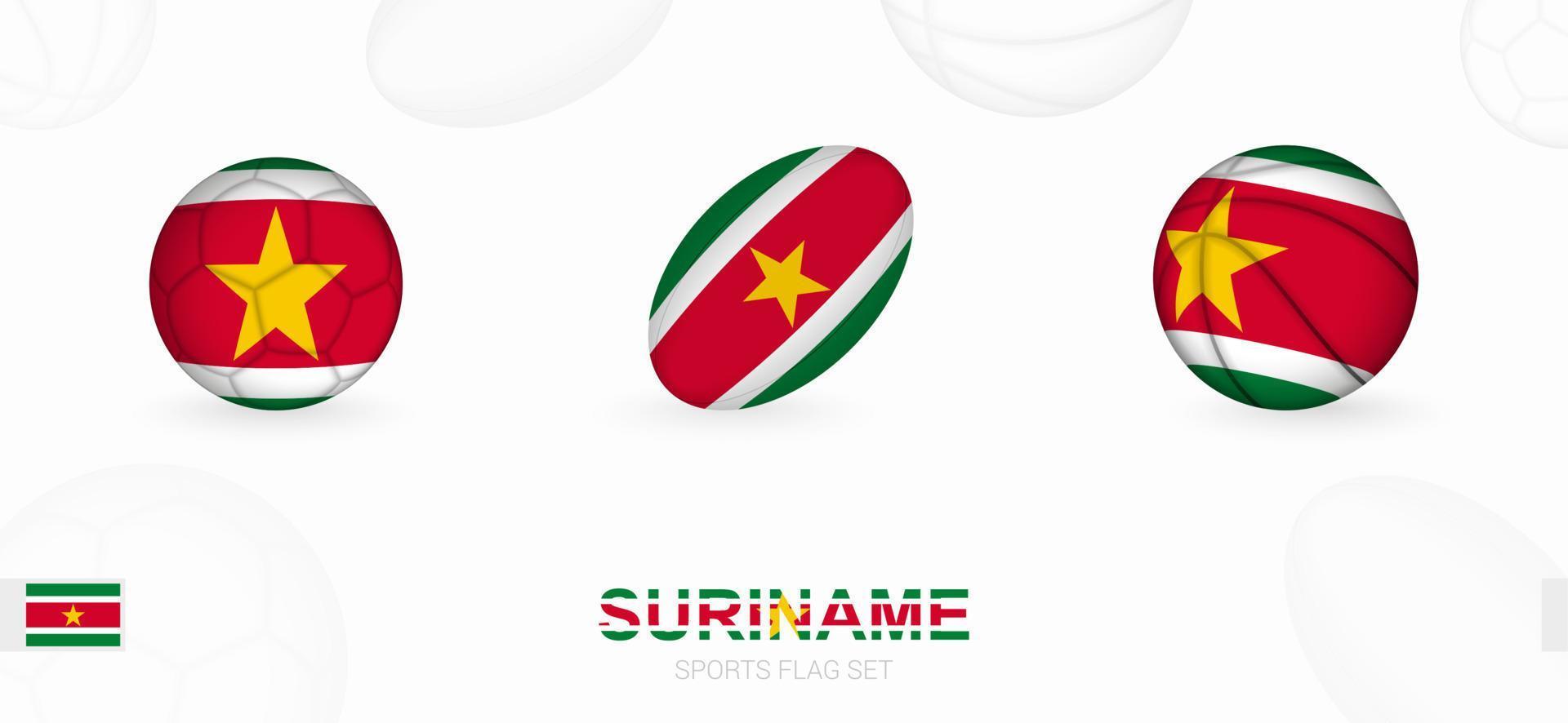 Deportes íconos para fútbol, rugby y baloncesto con el bandera de surinam vector