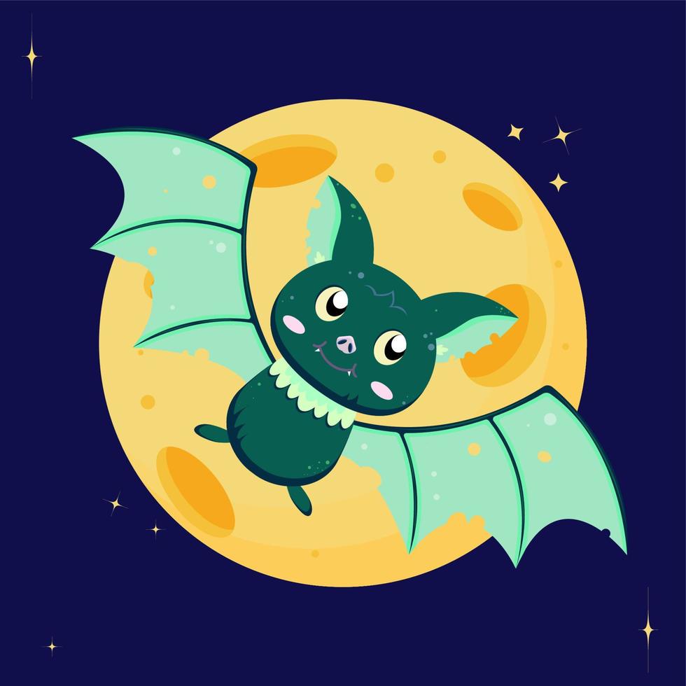 Flying bat on the background of the moon. Bats cartoon vector illustration. European Bat Night.