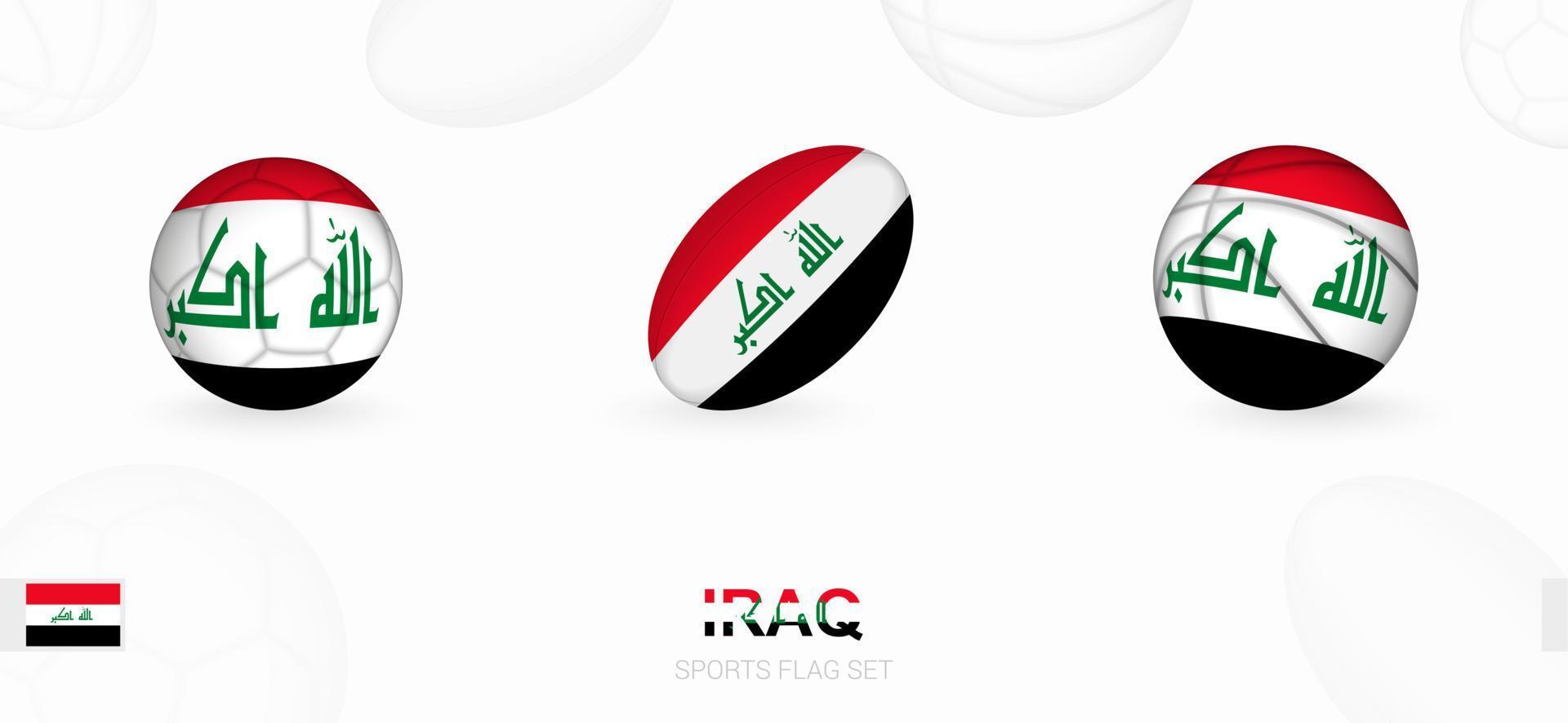 Deportes íconos para fútbol, rugby y baloncesto con el bandera de Irak. vector