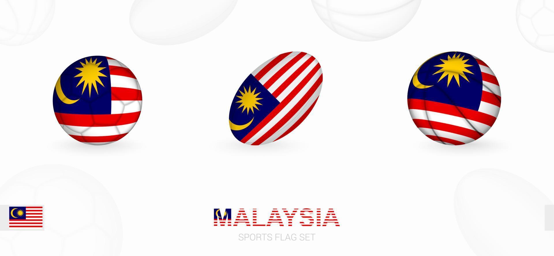 Deportes íconos para fútbol, rugby y baloncesto con el bandera de Malasia. vector