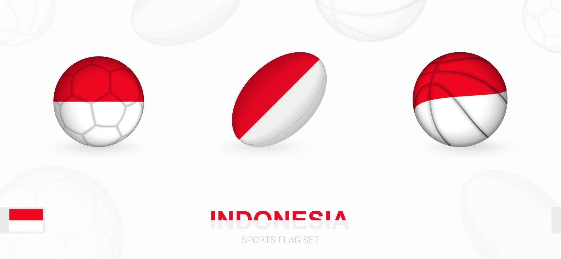 Deportes íconos para fútbol, rugby y baloncesto con el bandera de Indonesia. vector