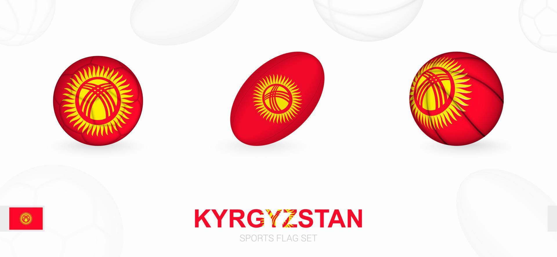 Deportes íconos para fútbol, rugby y baloncesto con el bandera de Kirguistán. vector