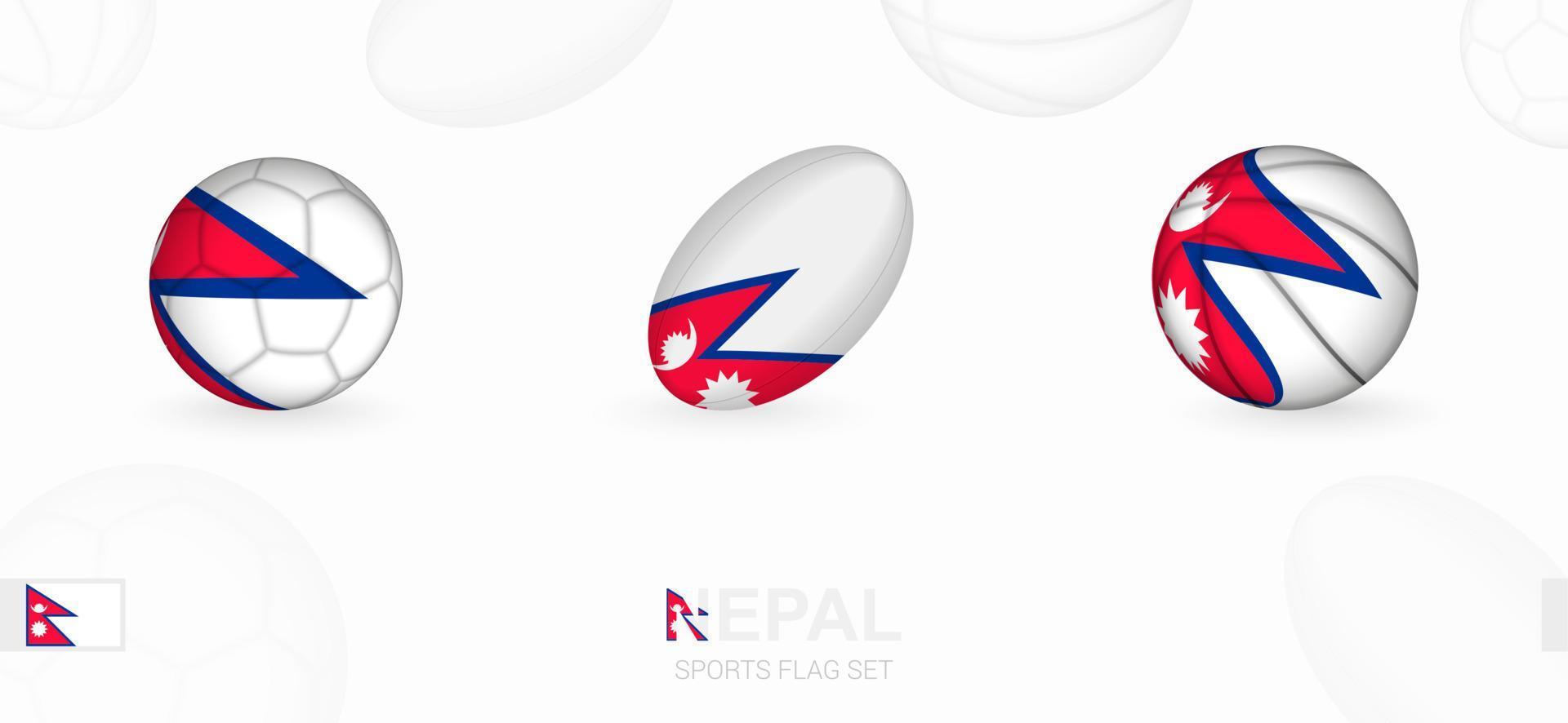 Sports icons for football, rugby and basketball with the flag of Nepal. vector