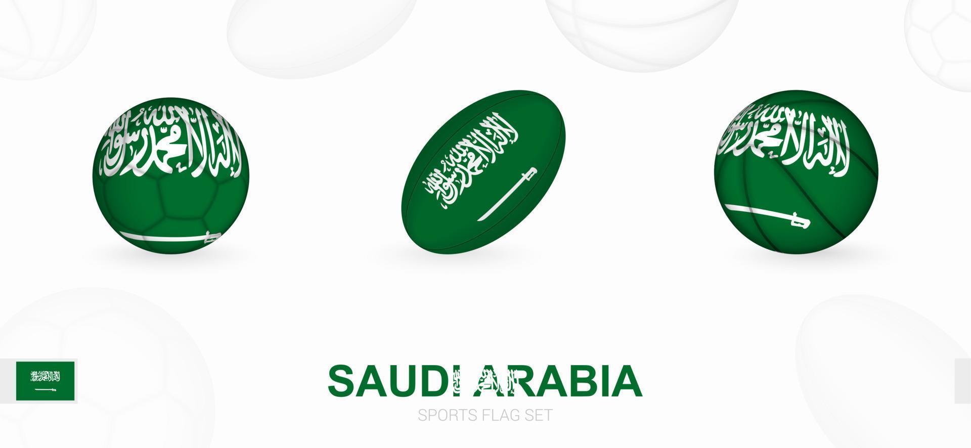 Deportes íconos para fútbol, rugby y baloncesto con el bandera de saudi arabia vector