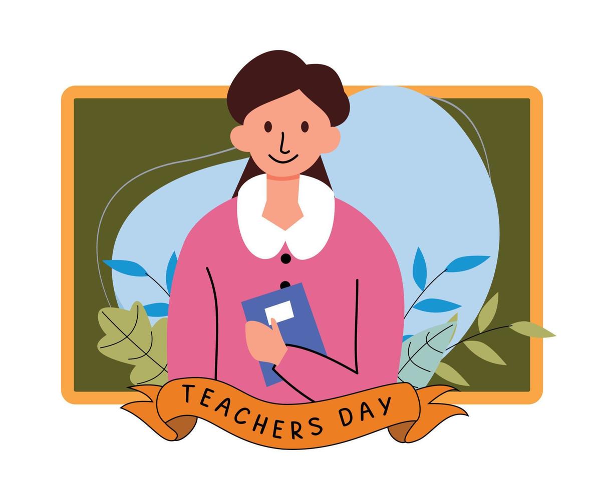 happy world teacher's day. the teacher holds a book in front of the blackboard. teacher icon. female teacher illustration vector