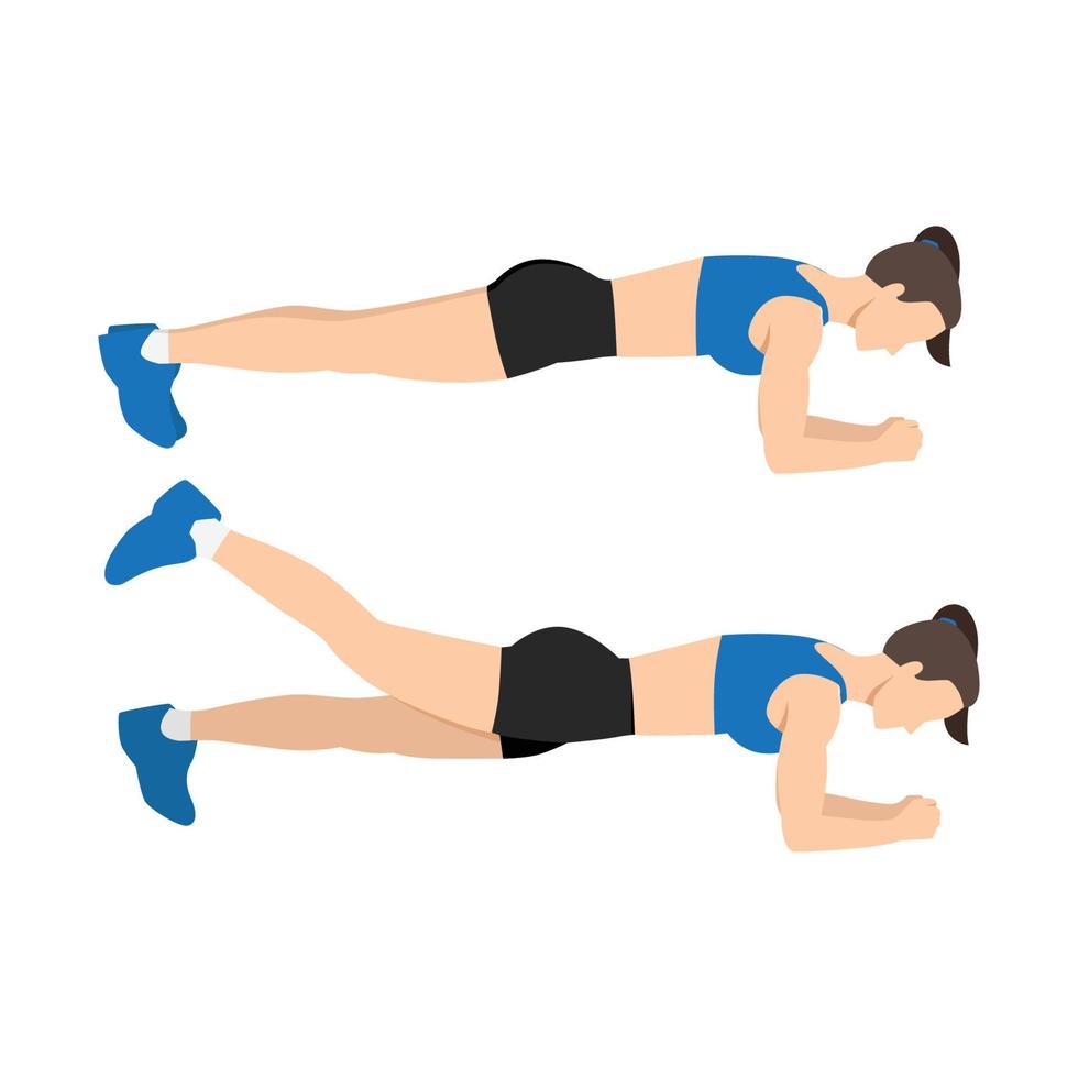 Exercise guide by Woman doing Plank leg raises in 2 steps. Flat vector illustration isolated on white background