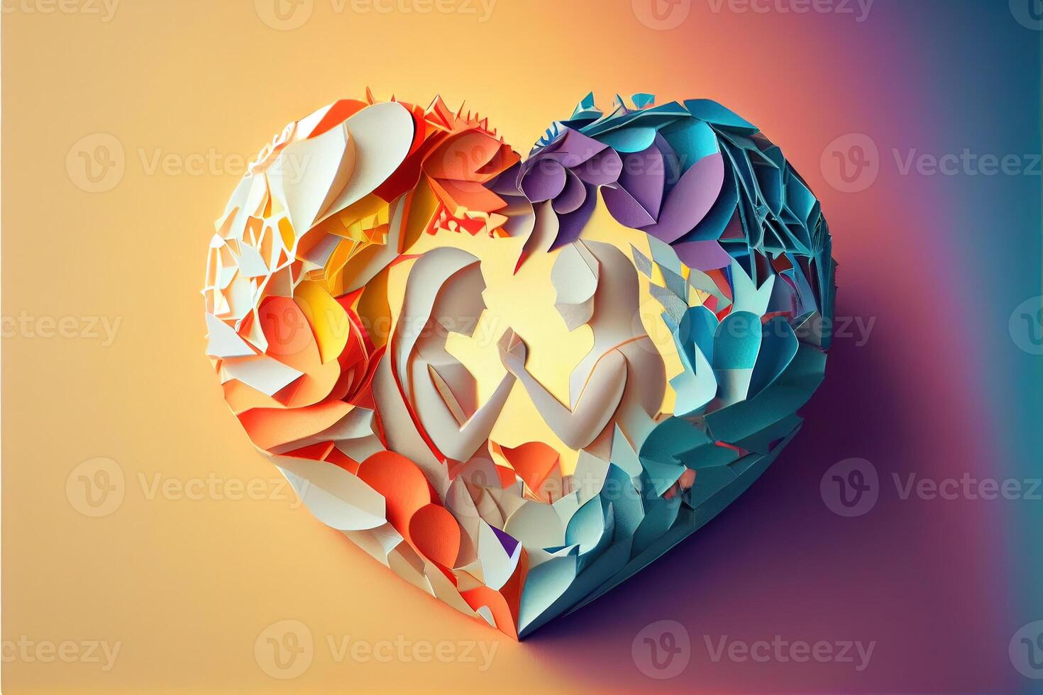 illustration of origami Valentine day background, happy couple, colorful. Paper cut craft, 3d paper style. Neural network generated art. Digitally generated image photo