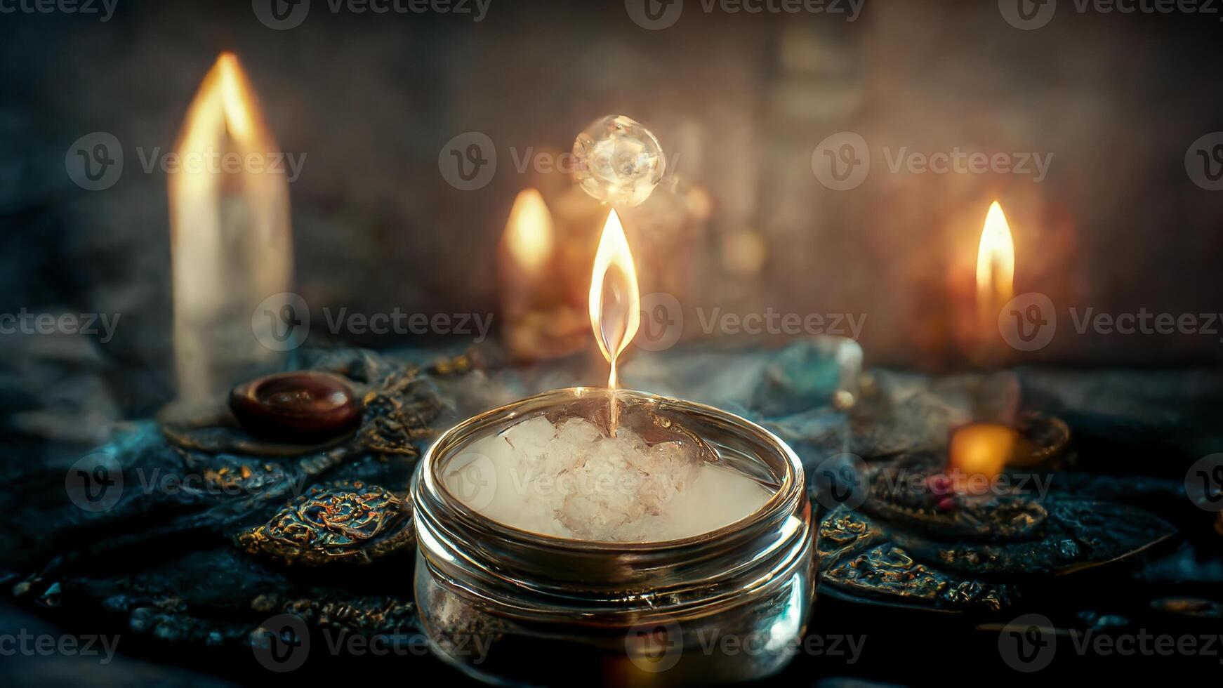 illustration of Spa and wellness setting with magic candles. Digital art. photo
