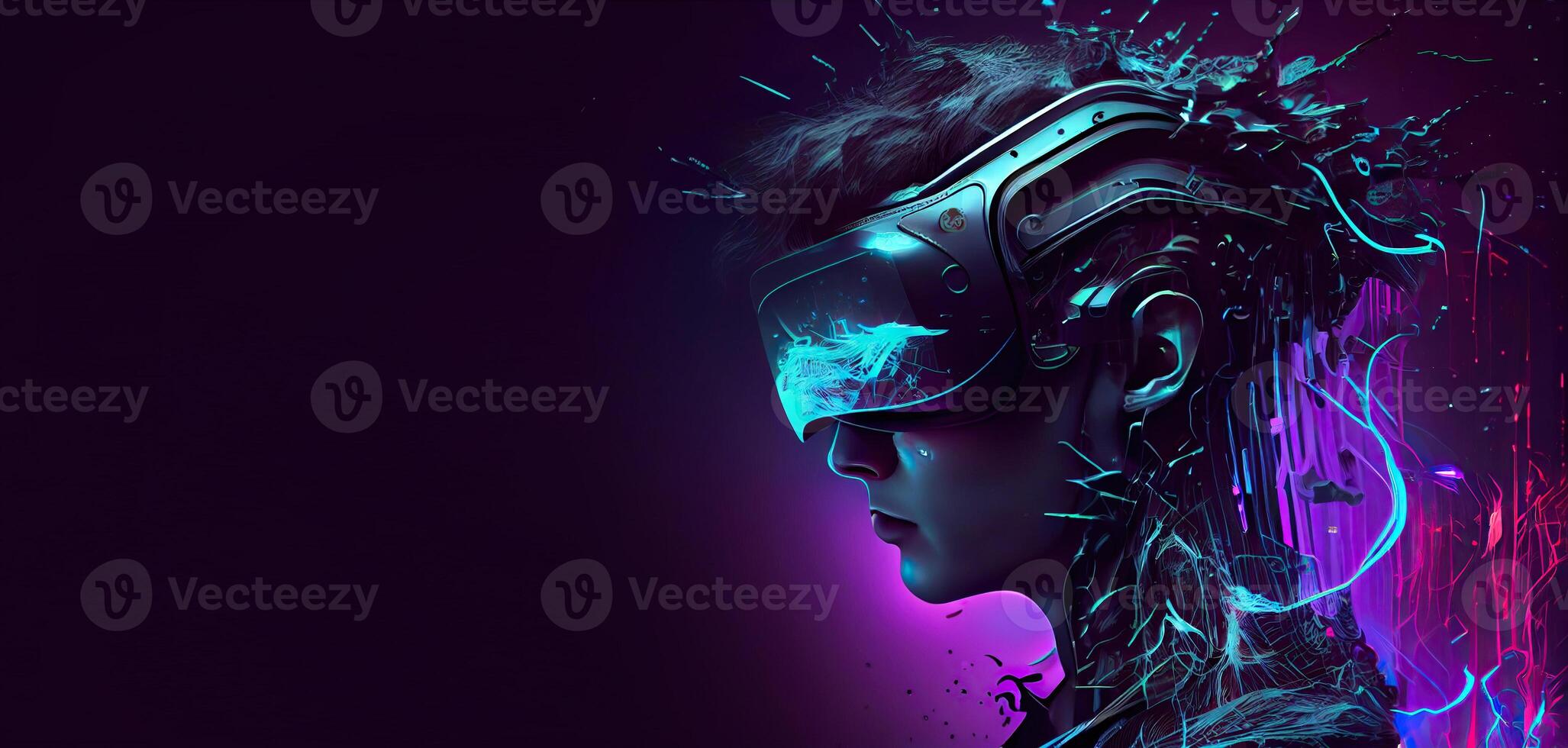 illustration of Metaverse concept and virtual world elements. Side view of human face in augmented or virtual reality headset inside the metaverse photo
