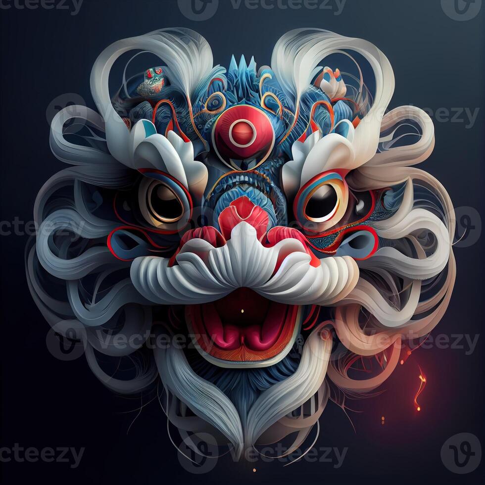 illustration of anthropomorphic traditional Chinese lion dance, big round eyes, plump body, Chinese Spring Festival, luminous particles, smoke photo