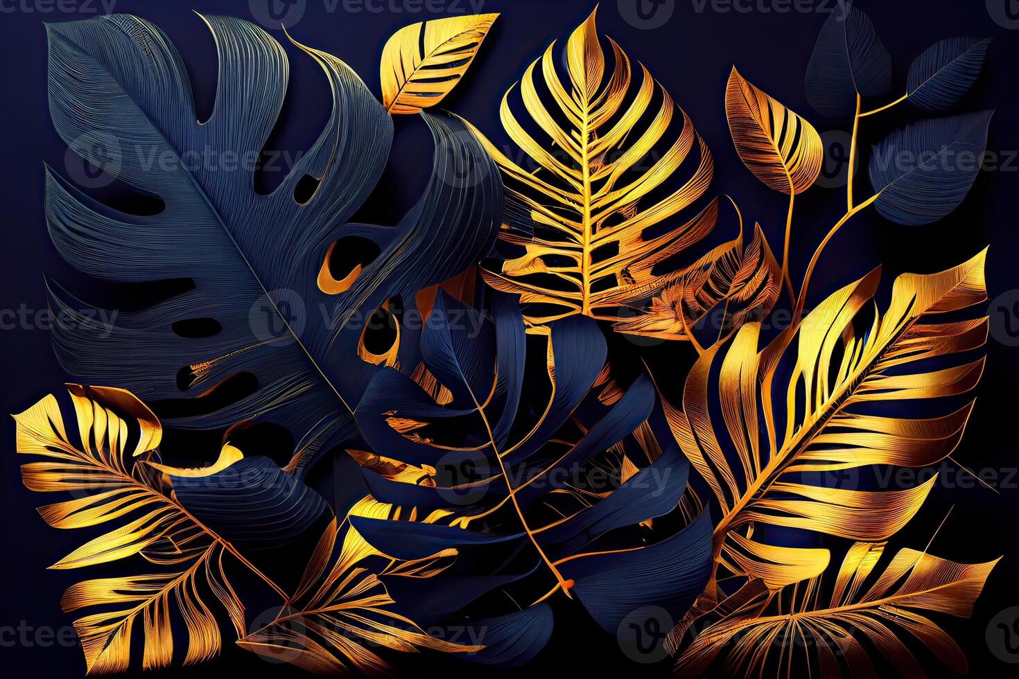 illustration of Golden tropical leaves on a dark magenta and blue background, abstract luxury modern tropical background, dark red neon photo