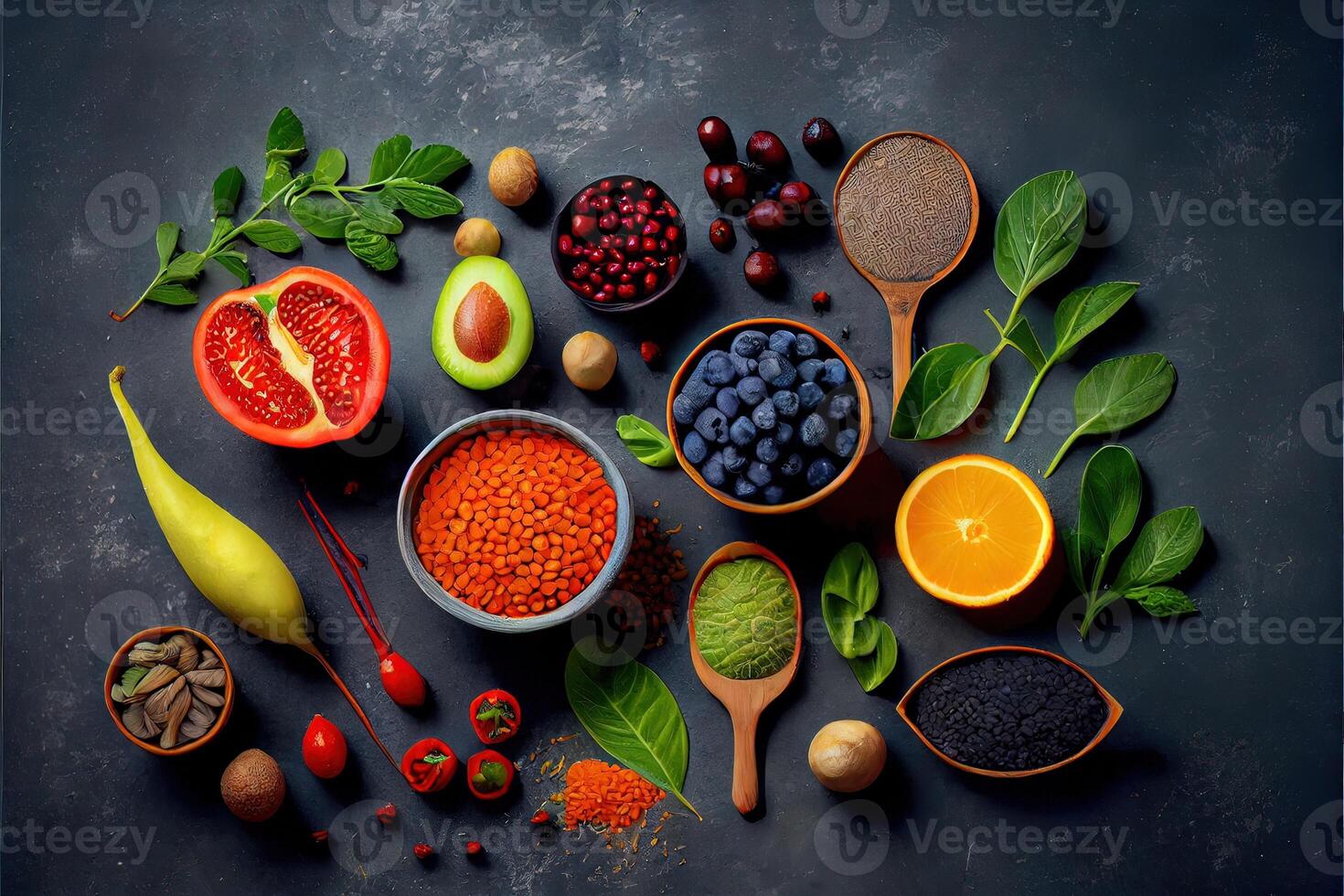 illustration of healthy food clean eating selection on gray concrete background photo