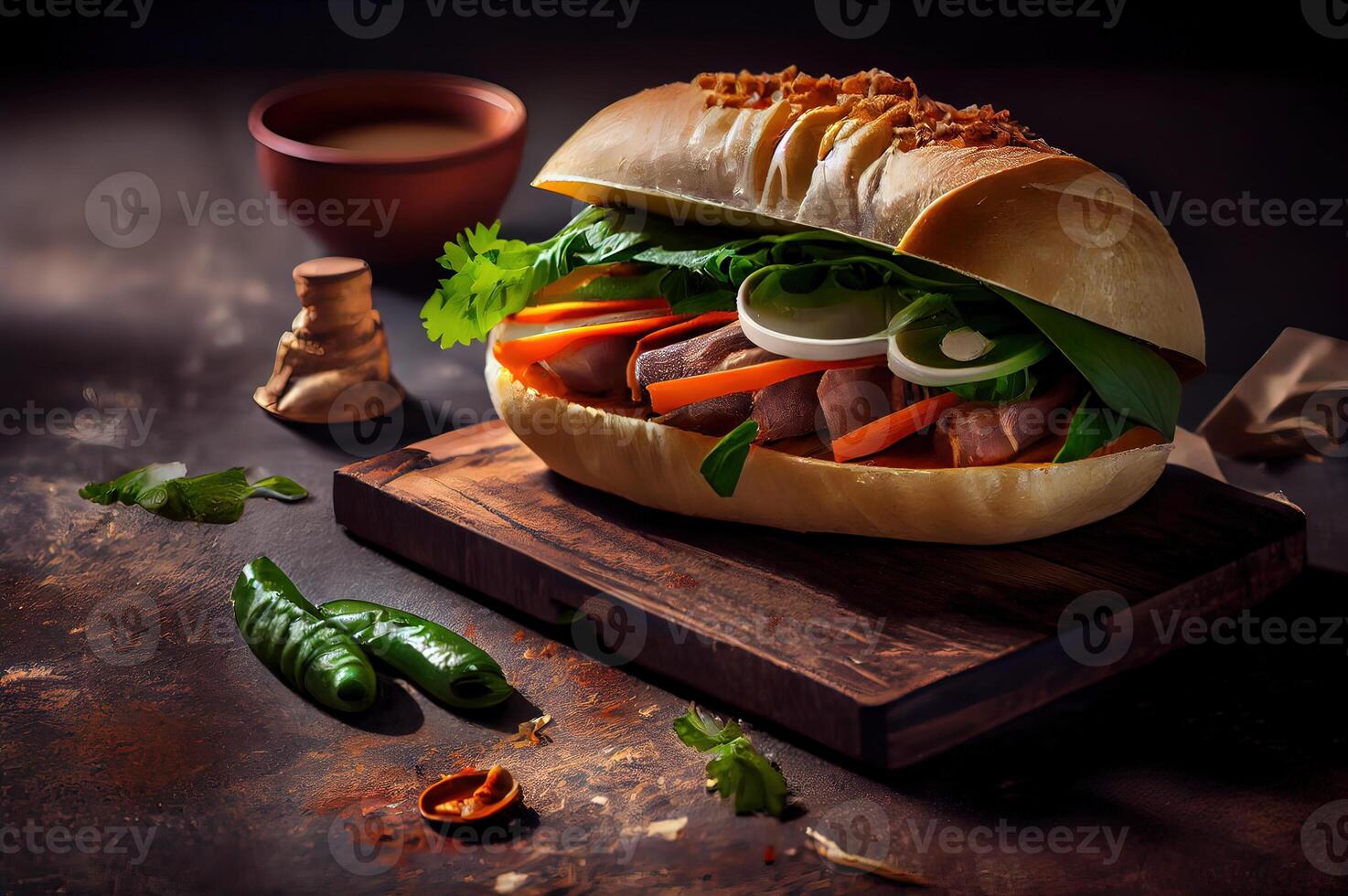 generativo ai ilustración de banh mi Vietnam pan, alimento, estudio, asiático, vietnamita emparedado , vietnamita alimento, Copiar espacio foto