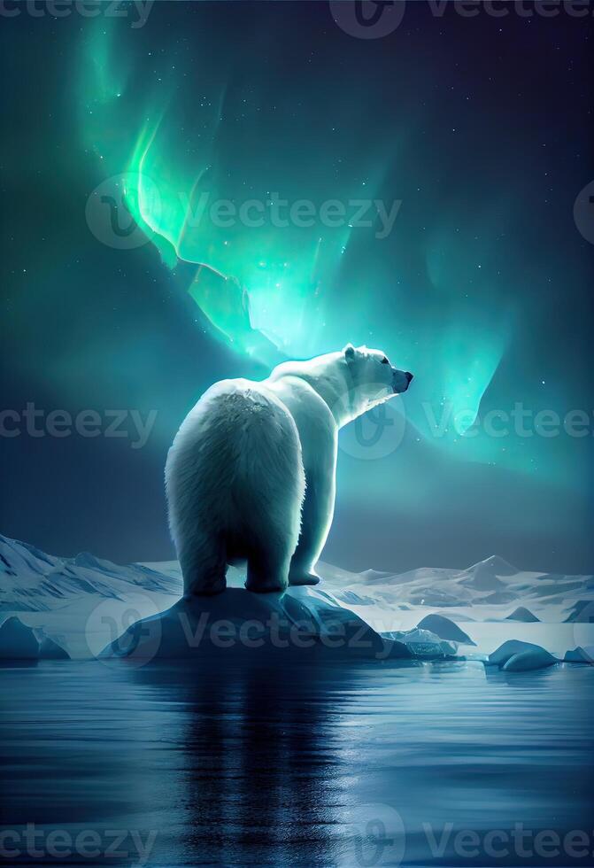 illustration of lonely white bear on iceberg, aurora sky photo