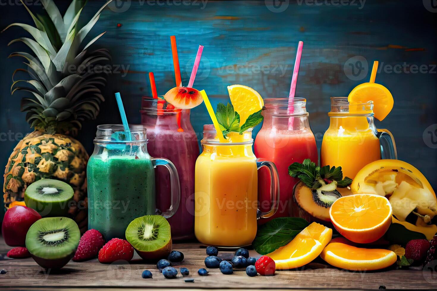 illustration of smoothies and juices made from a variety of fresh fruits from the tropics. Clean eating, a healthy diet, and vitamin infused beverages are concepts, blurred background photo