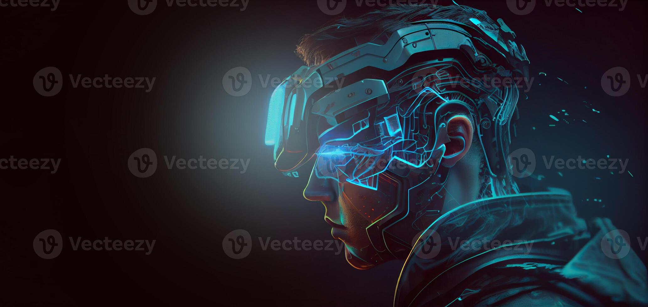 illustration of Metaverse concept and virtual world elements. Side view of human face in augmented or virtual reality headset inside the metaverse photo